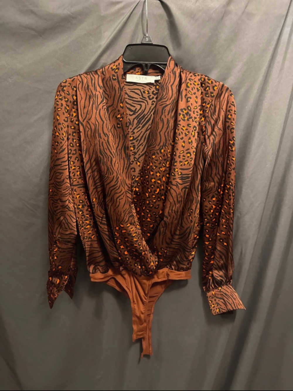 Astr Animal Print Wrap Bodysuit in Rust and Black
